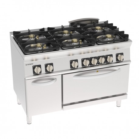 Tecnoinox - Fourneau dessus gaz 6 feux sur four électrique statique GN2/1 + placard - Gamme 700 - PFH12G7